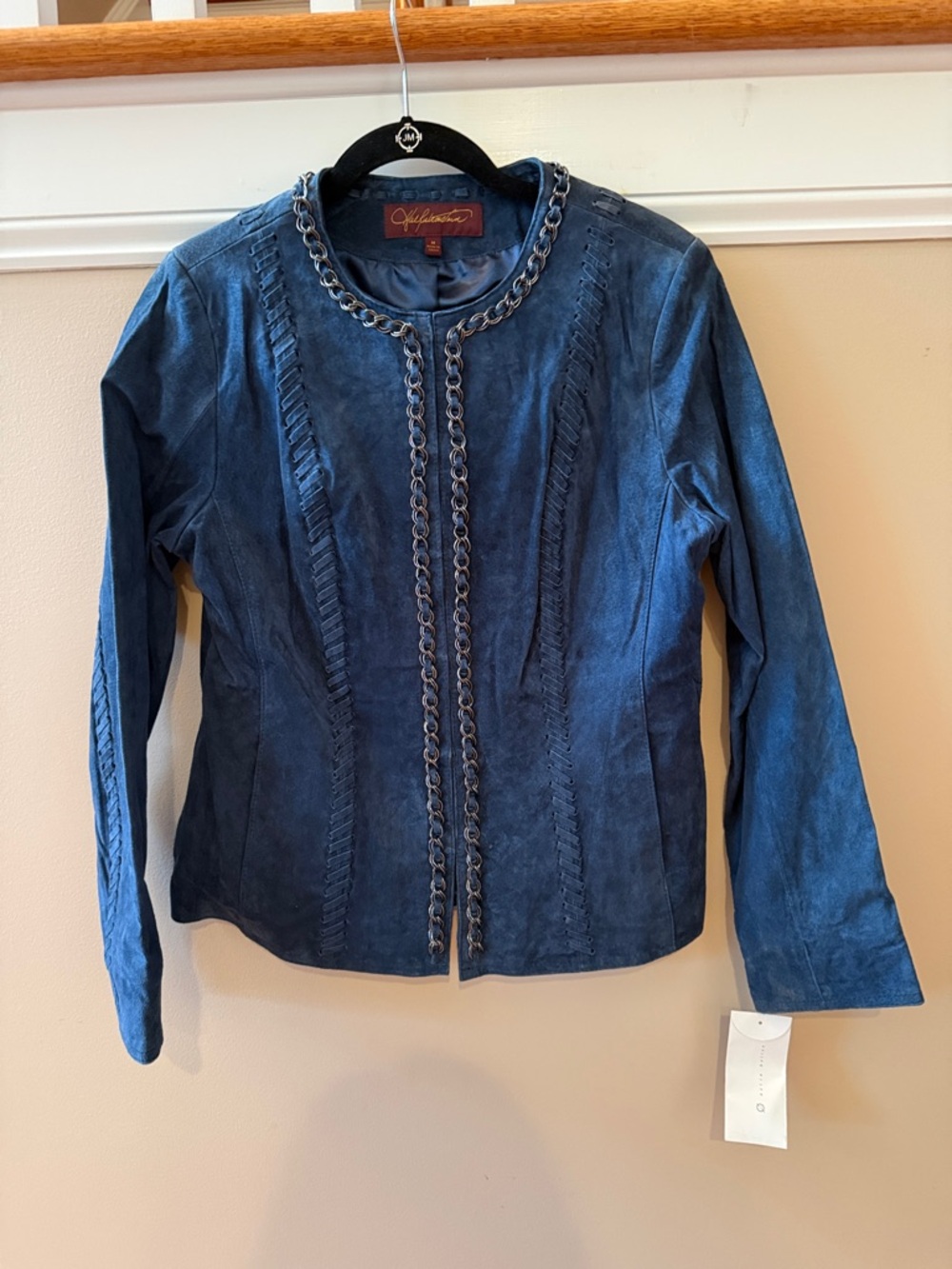 Women's Navy Suede Chain-Trim Jean Jacket